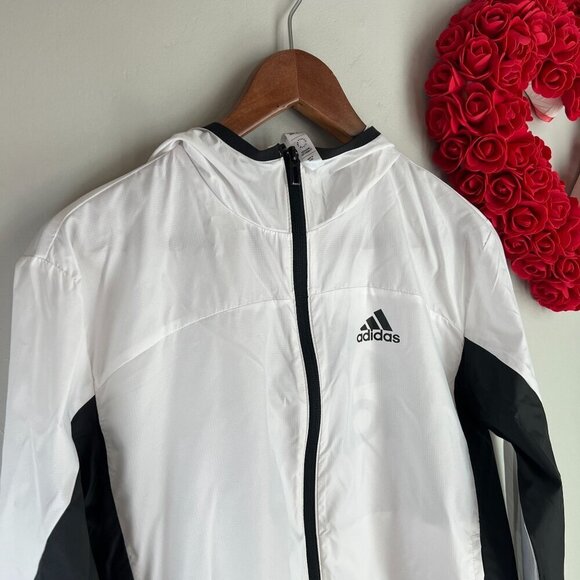 adidas Women's Logo Running Windbreaker Hoodie XS Black White HF2149 - Picture 3 of 13